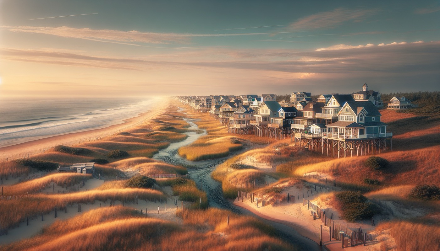 A Sussex County Delaware coastal residential subdivision with elevated single-family homes, sand, dune grass, and the Atlantic shoreline visible.