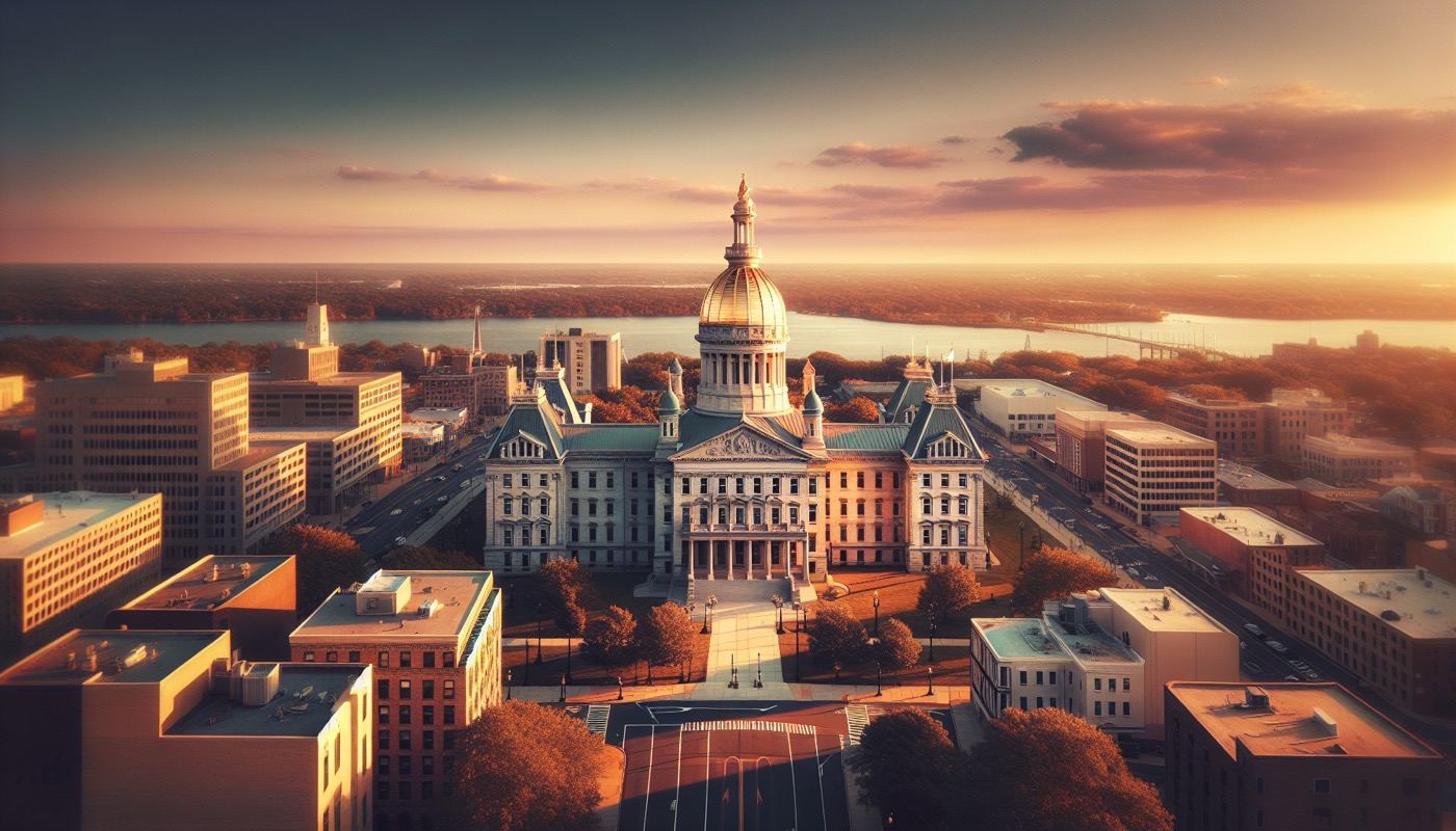 The New Jersey State House with its dome visible above downtown Trenton buildings and the Delaware River in the distance.