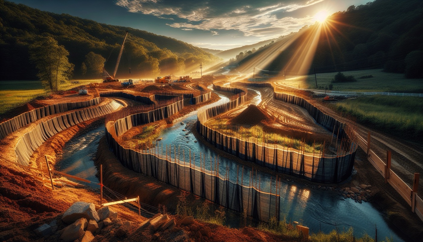 A Virginia construction site near a sensitive stream at golden hour with silt fence and erosion control measures in the foreground