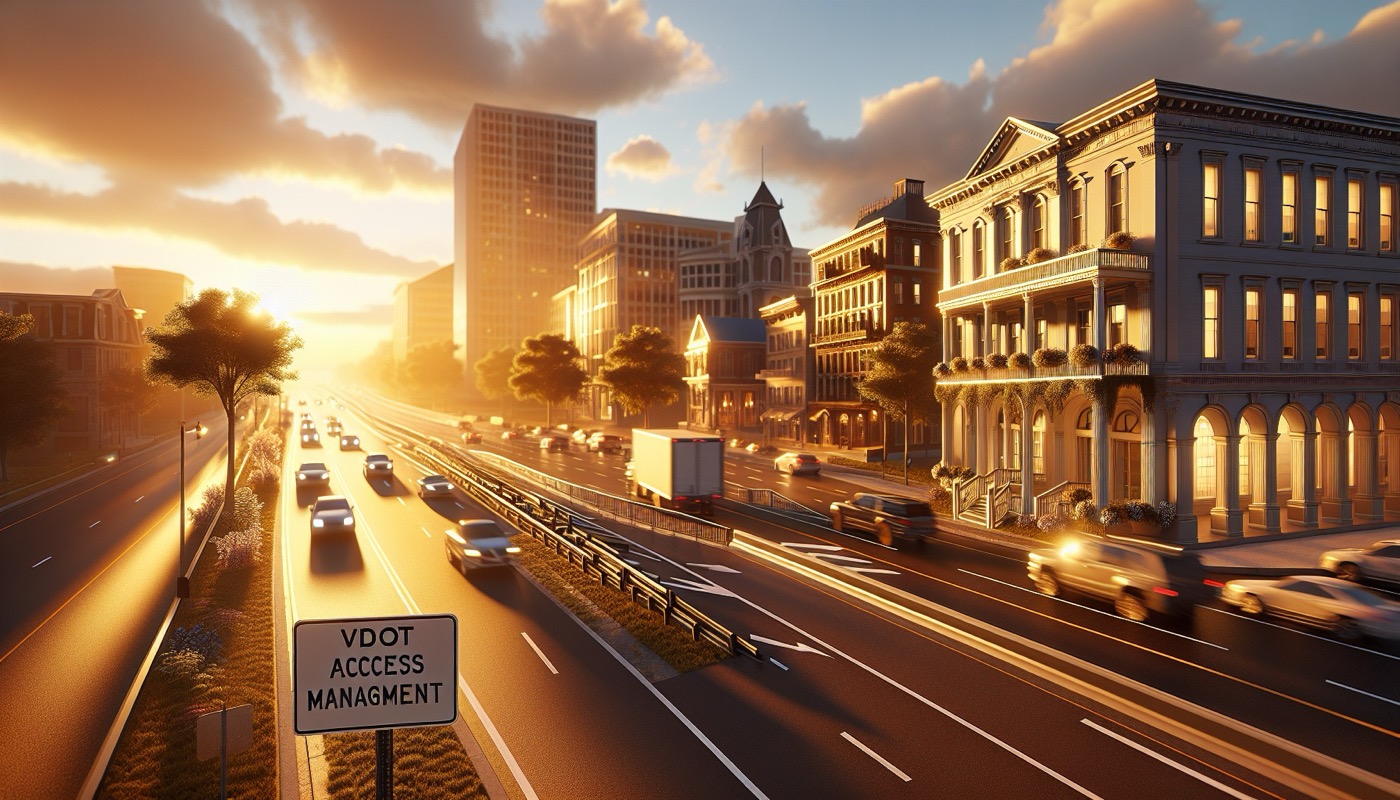 Virginia state highway with commercial development and roadway access at golden hour, photorealistic, warm cinematic lighting, VDOT access management aesthetic