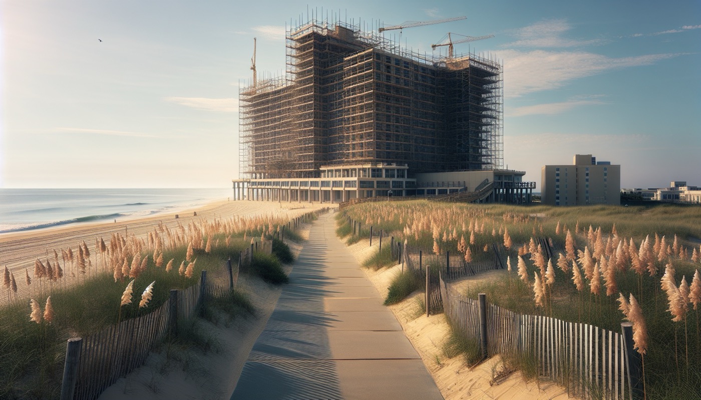 A Virginia Beach resort area mid-rise hotel under renovation with oceanfront boardwalk and dunes visible in the foreground.