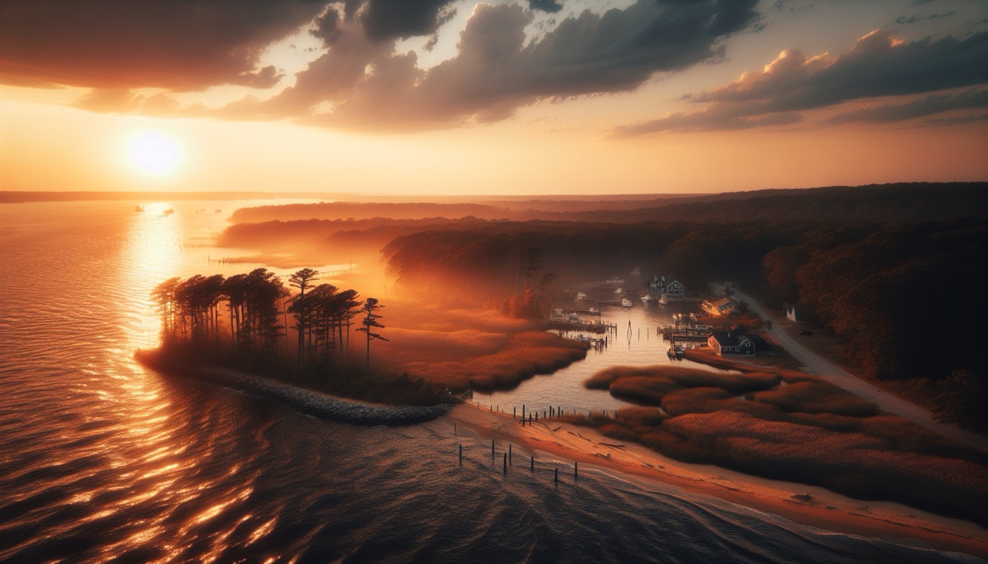 Virginia tidal river with wooded shoreline buffer at golden hour, photorealistic, warm cinematic lighting, Chesapeake Bay watershed aesthetic
