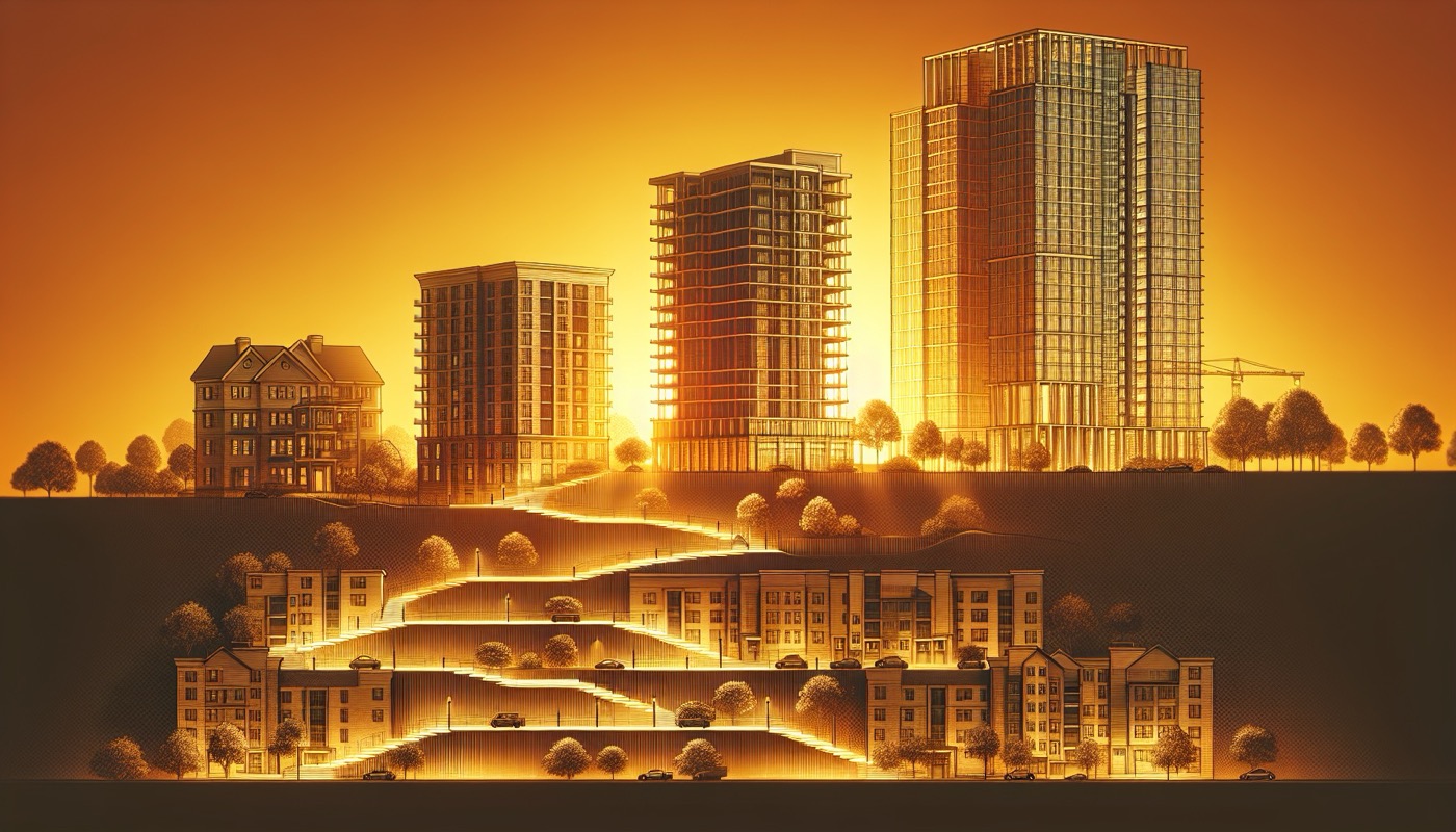 A growing Virginia construction firm looking at three ascending building projects — a small residential, a mid-rise commercial, and a large institutional — representing Class C, B, and A scope