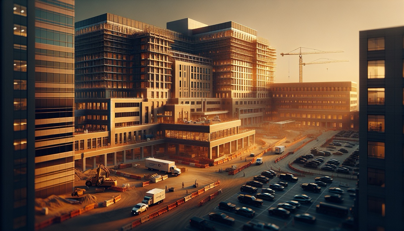 Virginia hospital building under construction with medical facility architecture at golden hour, photorealistic, warm cinematic lighting, healthcare capital development aesthetic