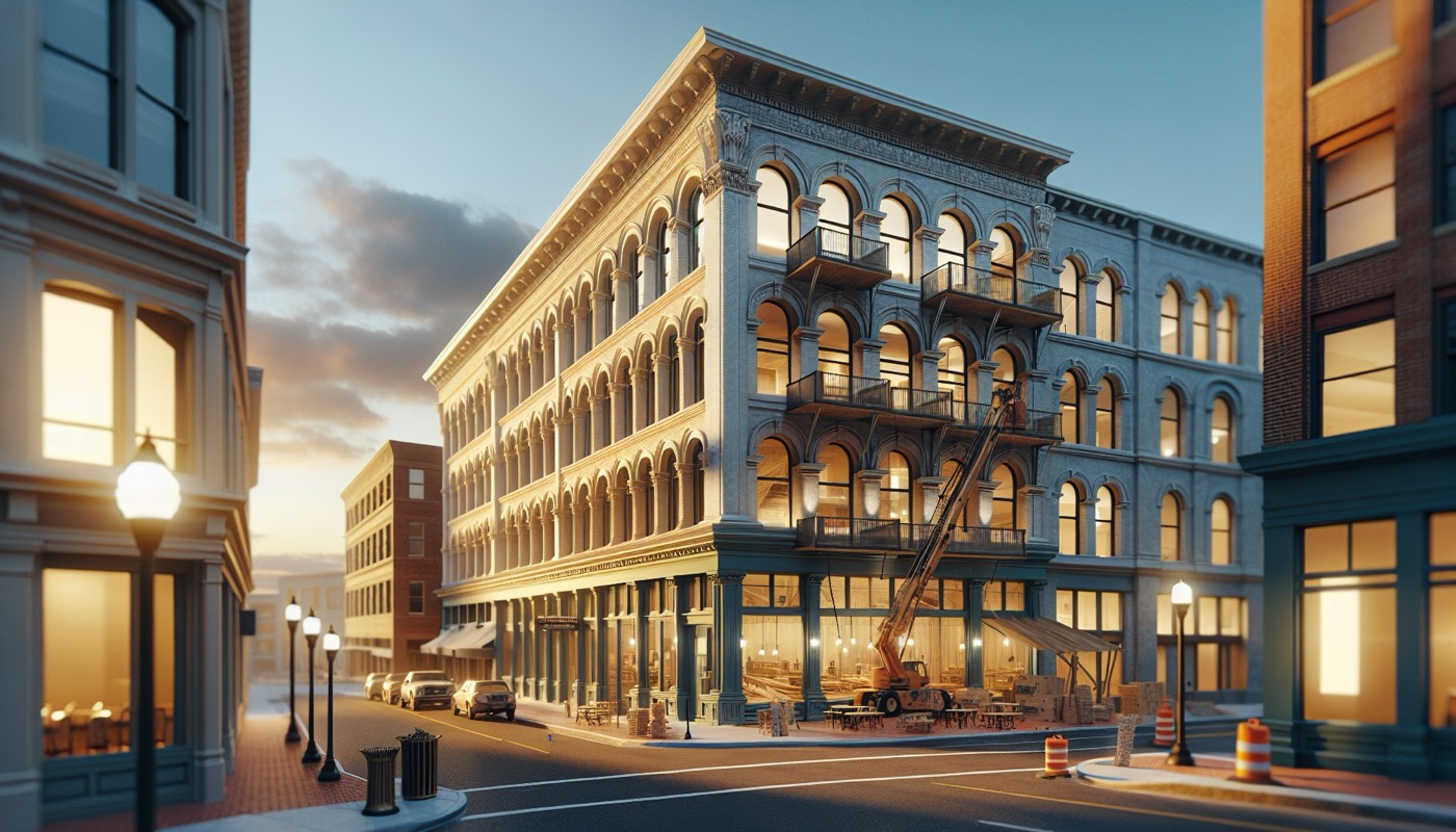 Virginia historic commercial building rehabilitation with new development at golden hour, photorealistic, warm cinematic lighting, economic development grants aesthetic