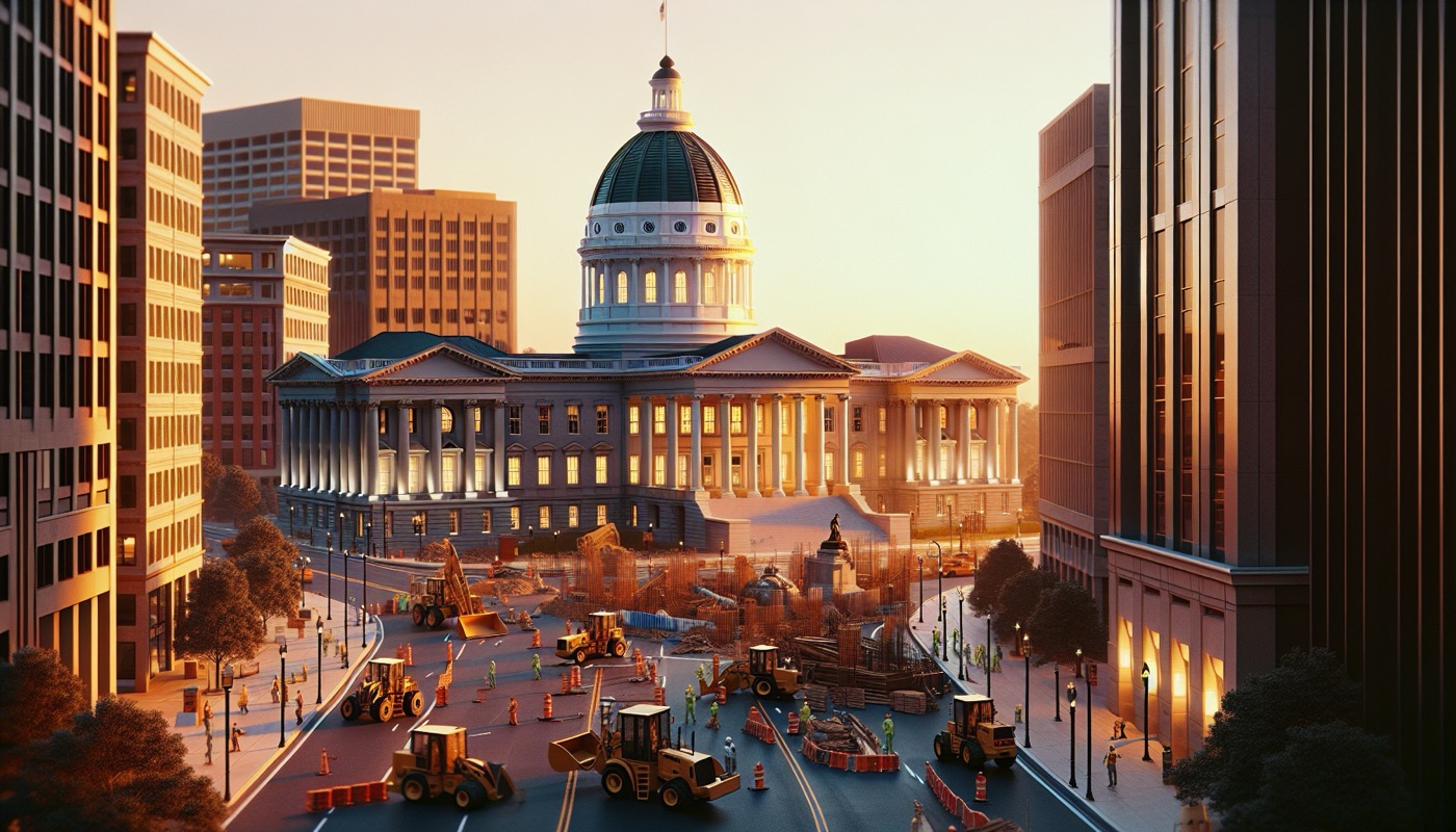 Virginia state capitol at golden hour with public works construction project visible, photorealistic, warm cinematic lighting, infrastructure construction aesthetic
