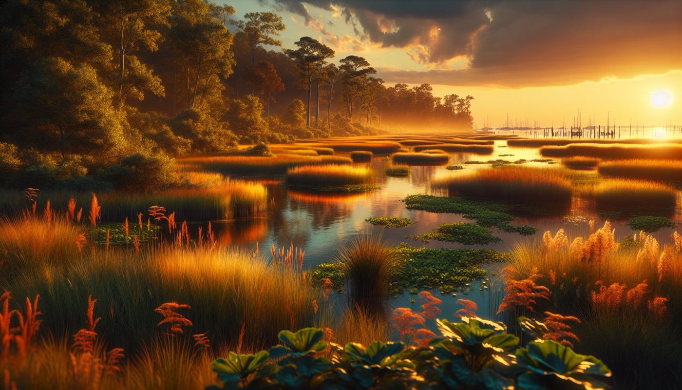 Virginia Chesapeake Bay tidal wetland with living shoreline and marsh grass at golden hour, photorealistic, warm cinematic lighting, tidal wetlands protection aesthetic