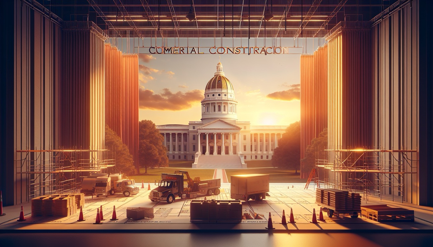 Virginia commercial construction with skyline at golden hour, photorealistic, warm cinematic lighting, state code uniformity aesthetic