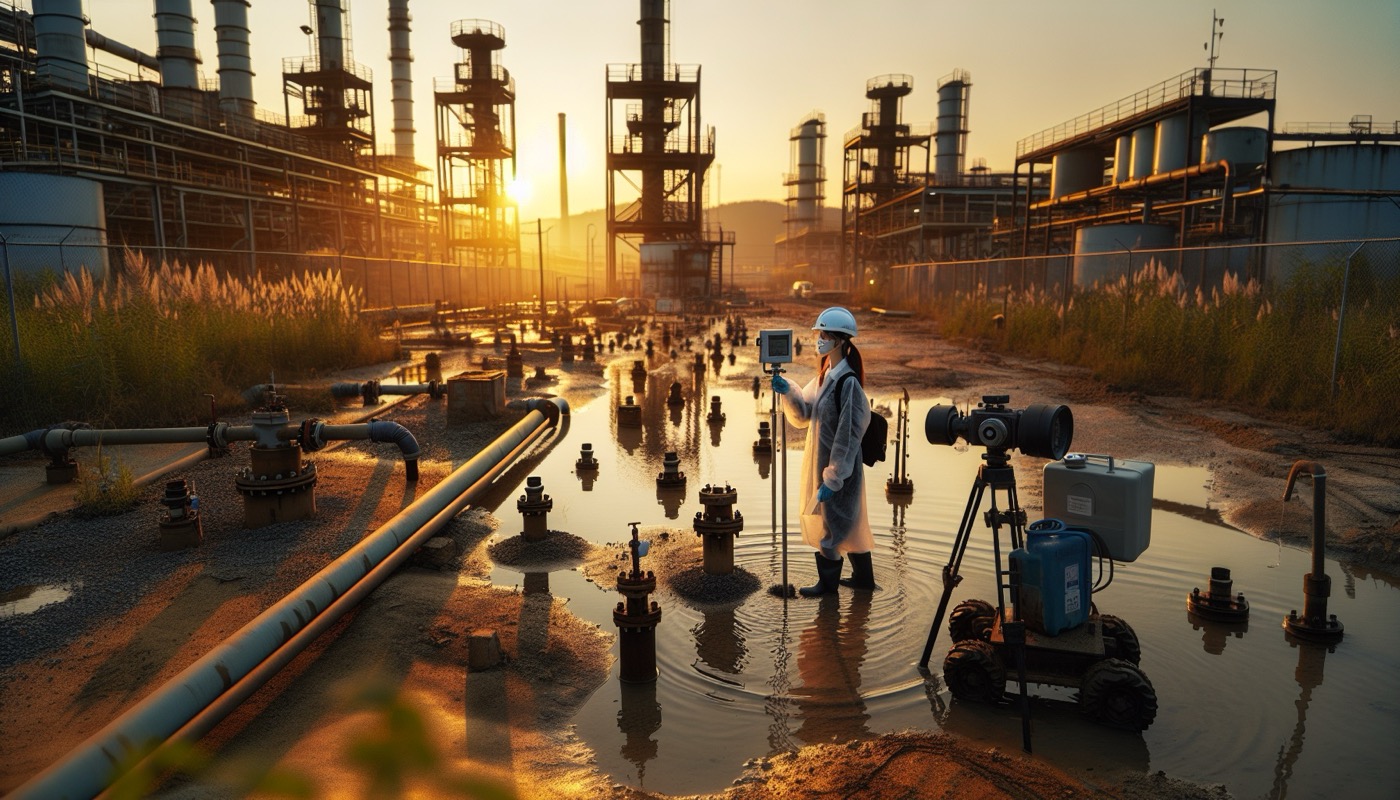 Virginia brownfield site with environmental sampling and monitoring wells visible at golden hour, photorealistic, warm cinematic lighting, voluntary remediation aesthetic