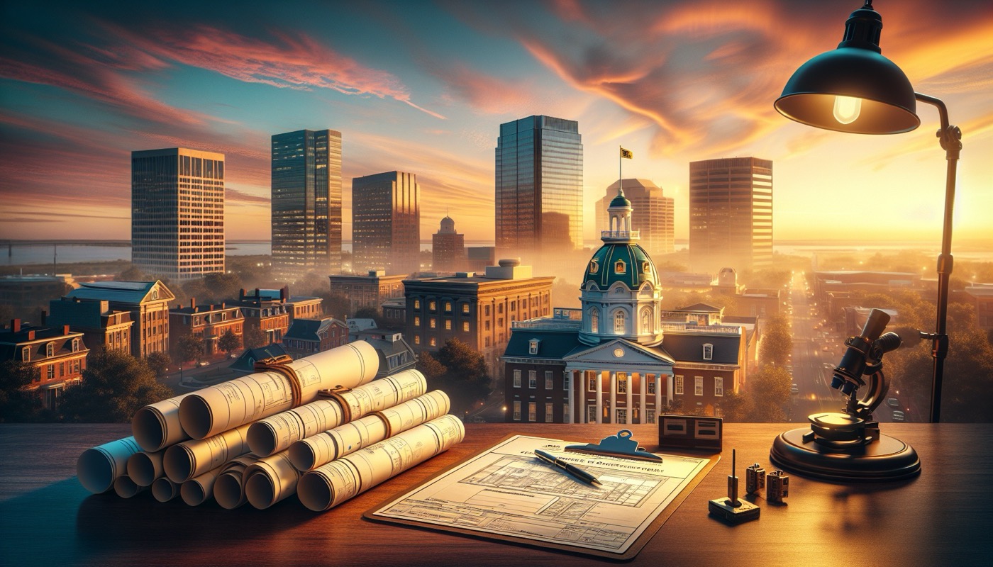 Wilmington Delaware skyline and city hall at golden hour with construction plan sets visible in the foreground, symbolizing multi-department permit routing