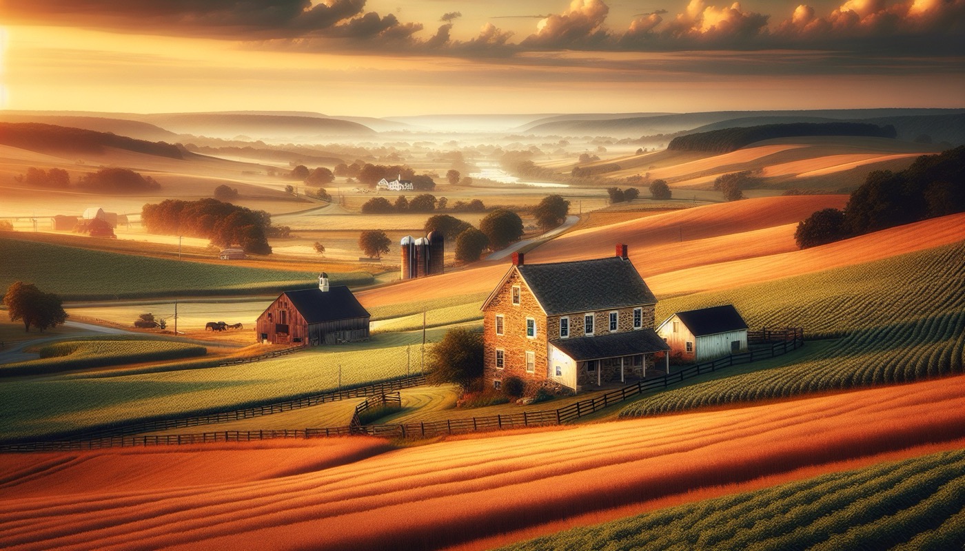 A York County Pennsylvania agricultural landscape with rolling fields, a historic stone farmhouse, and the Susquehanna River visible in the distance.